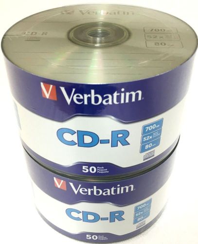 100 VERBATIM Blank CD-R CDR Logo Branded 52X 700MB 80min Recordable Media Disc