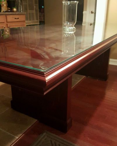 MAHOGANY CONFERENCE DINING TABLE, 8 ft x 42 inches with glass