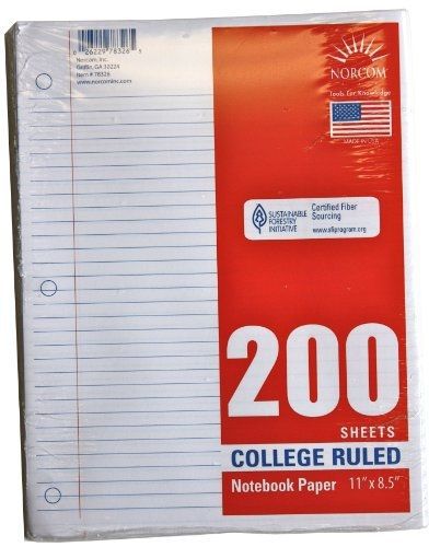 Norcom College Ruled Filler Paper, 11 x 8.5 Inches, 200 Sheets, White (78326-24)