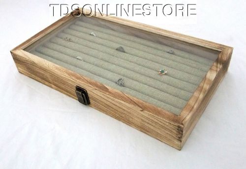 Rustic Oak Glass Top Ring Storage Case With 8 Row Burlap Insert