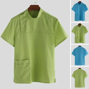Mens Womens Chef Shirts Short Sleeve Kitchen Uniform Shirt Stand Collar Blouse