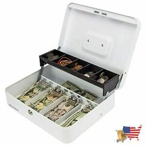White Steel Cash Box with Safe Key Lock | Tiered Money Coin Tray and Bill Slots