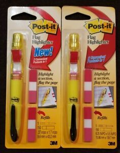 (2)3M Post it Yellow Highlighter PEN with Flag Dispenser 2004 689-HL1 NOS
