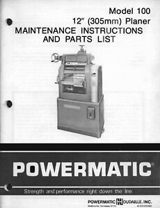 Powermatic Model 100 12in Planer Maint. Instructions &amp; Parts List Manual PM37