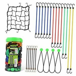 SWANLAKE Bungee Cords with Hooks 25PCS Assortment in Storage Jar Includes 10&#034;,