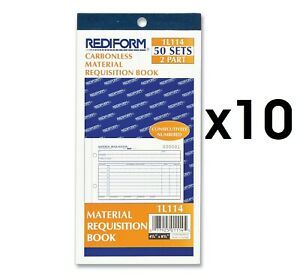 Rediform Material Requisition Book,  Two-Part Carbonless, 50-Set Book, Lot of 10