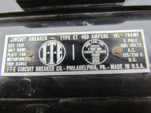 Ite et400 400amp 600v 3-pole w/ 70amp plug adjustable trip circuit breaker for sale