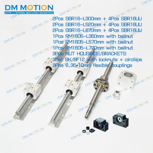 3 ballscrews + 3 sbr supported rails +3 bk/bf12+couplers rm1605-350/570/720mm for sale