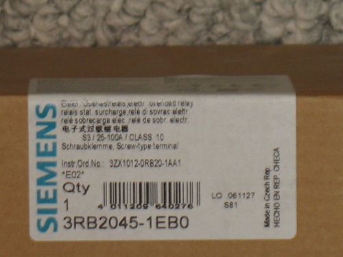 Siemens 3RB2045-1EB0 Overload Relay, 25-100Amps
