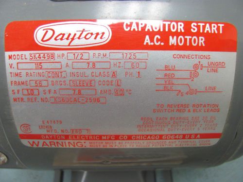 DAYTON 5K449B CAPACITOR START AC MOTOR 1/2HP 1725RPM 115VAC 60Hz
