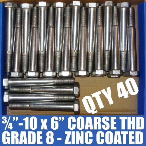 Lot of 40 - new 3/4&#034;-10 x 6&#034; grade 8 zinc coated hex head cap screws - bolts for sale