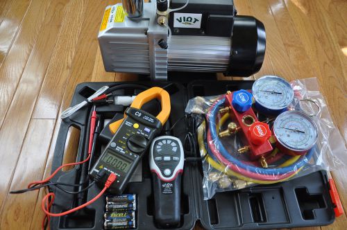 Deep Vacuum Pump+Refrigerant Leak Detector+R410a Manifold Gauge Kit+Clamp Meter