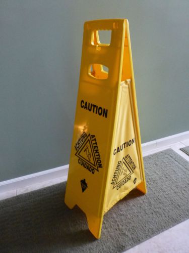 (6) TOUGH GUY YELLOW FLOOR CAUTION SIGNS ENGLISH &amp; SPANISH 37&#034; HIGH  FOLD UP