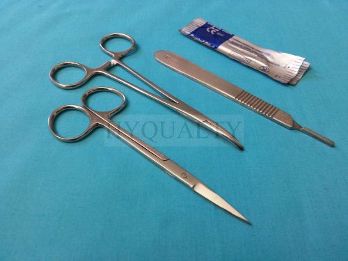 Iris scissors 4.5&#034; str+hemostat forceps cvd 5&#034;+scalpel handle #3 +5 blades #10a for sale