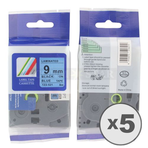 5pk Black on Blue Tape Label Compatible for Brother P-Touch TZ TZe 521 9mm 3/8&#034;