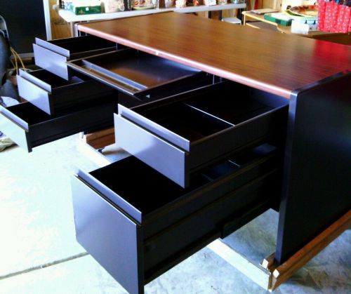 Steelcase steel desk with beautiful wood grain top for sale