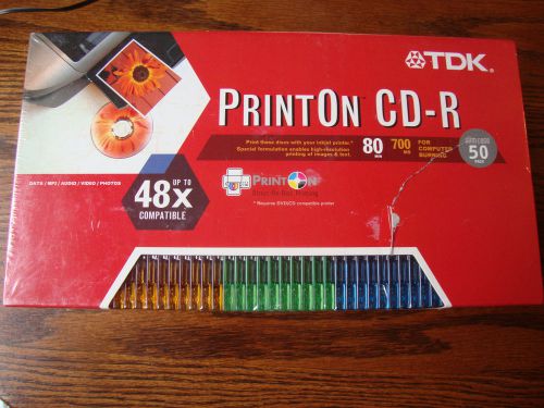 TDK PRINT ON CD-R 48X 50 PACK w/ COLORED SLIM JEWEL CASES  80 MIN 700 MB
