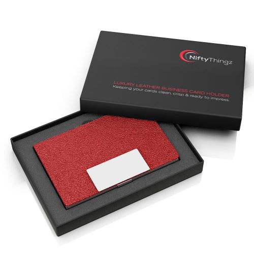 Luxury business card holder case, red leather &amp; stainless steel, free gift box for sale