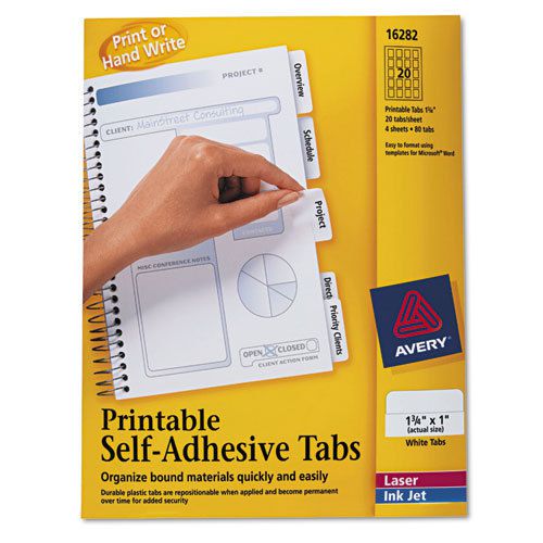 Printable Repositionable Plastic Tabs, 1 3/4 Inch, White, 80/Pack