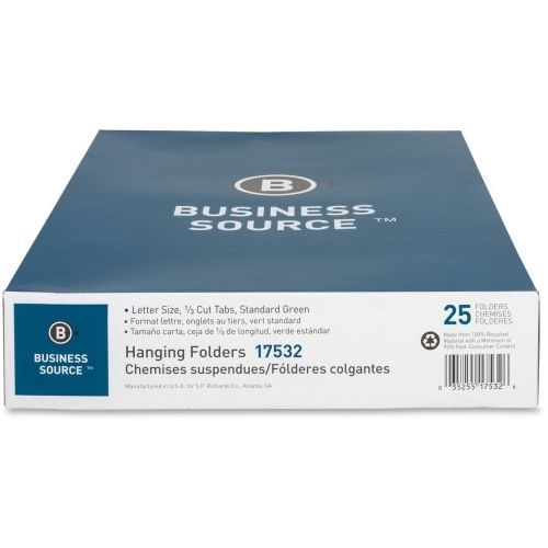Business Source Standard Hanging File Folder- Green- 25/Box- BSN17532