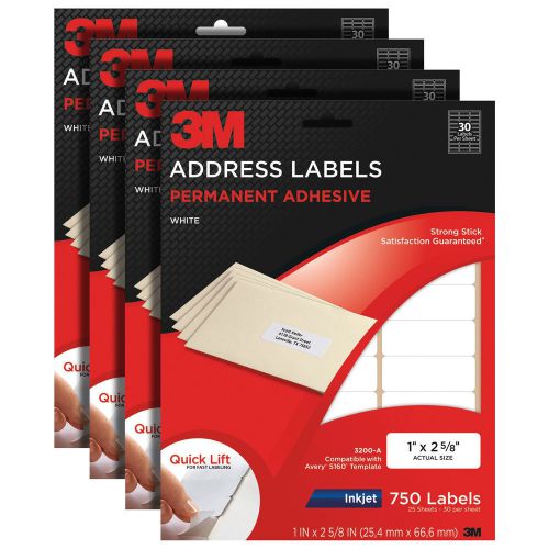 3M Permanent Adhesive White Mailing Address Labels For Inkjet, 3000 Labels