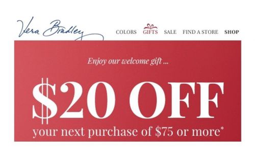 One (1) Vera Bradley $20 off $75 Coupon Code for handbags, backpack, purse