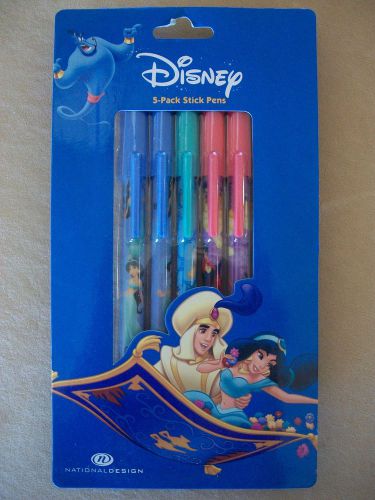 Disney aladdin &amp; jasmine set of 5 stick pens by national design, new in package! for sale