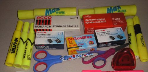 LOT of 21- Office Supplies-Hi Liters Staples Binder Clips Scissors Sharpner Pens