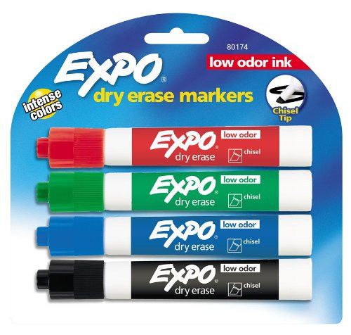 4 Pack Expo Dry Erase Markers, Chisel Tip, Assorted Colors, Low Odor Ink, #80174