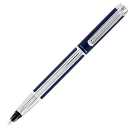 Pelikan Pura Rollerball Stick Pen, Medium Point, Black Ink, Blue &amp; Silver Barrel