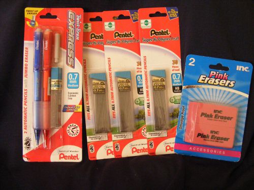 2 PENTEL Pencils Twist-Erase Express 0.7mm, 90 Leads, 2 Smudge Proof Erasers