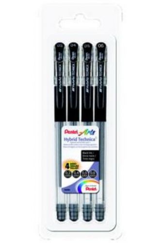 Pentel Arts Hybrid Technica Gel Pen Black Ink 4 Pack Clamshell