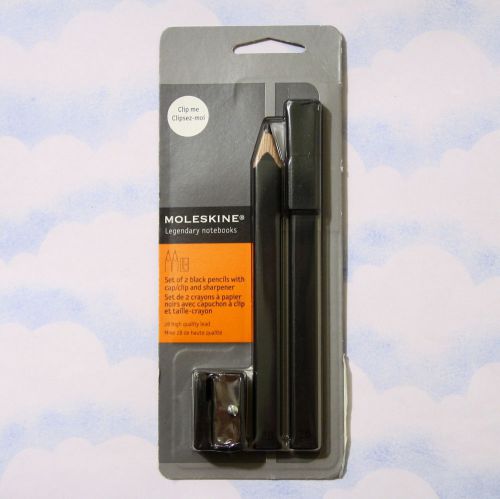 NEW Moleskine Set of 2 Black Rectangular Pencils w/ Cap/Clip &amp; Sharpener- 2B