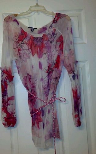 Tahari/Bergdorf Sheer Silk Floral Blouse &amp; Belt L 10 Smocked L/S Shirt top tunic