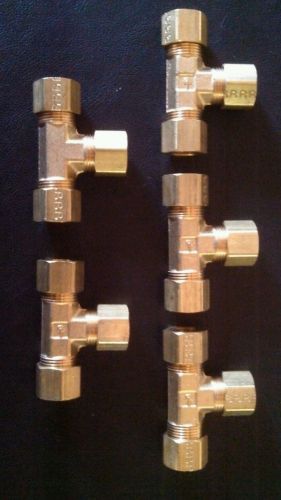 Lot of 5 Parker 164C-6 brass compression tee couplers 3/8&#034; OD tube