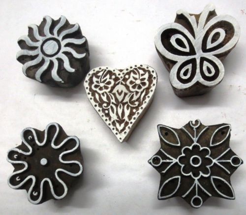 LOT OF 5 WOODEN HAND CARVED TEXTILE PRINTING STAMP PATTERN CLAY POTTERY TOOL