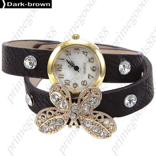 Butterfly Rhinestone PU Leather Quartz Lady Ladies Wristwatch Women&#039;s Dark Brown