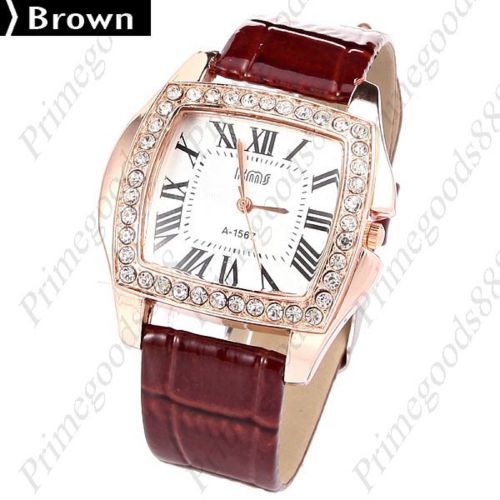 Synthetic leather rhinestone roman numbers wrist quartz wristwatch women&#039;s brown for sale