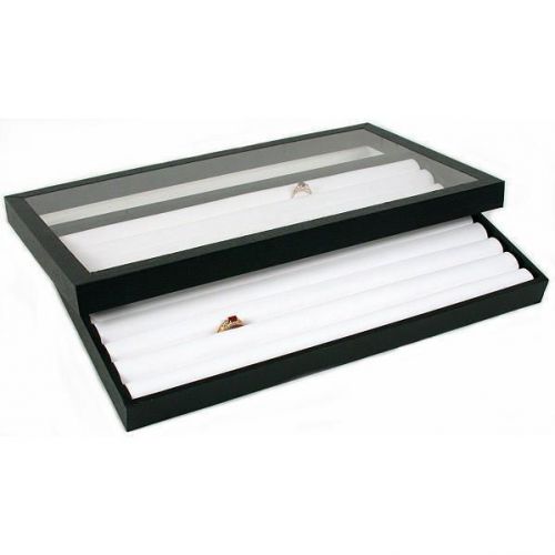 Ring Display White Faux Leather Tray Clear Lid Case