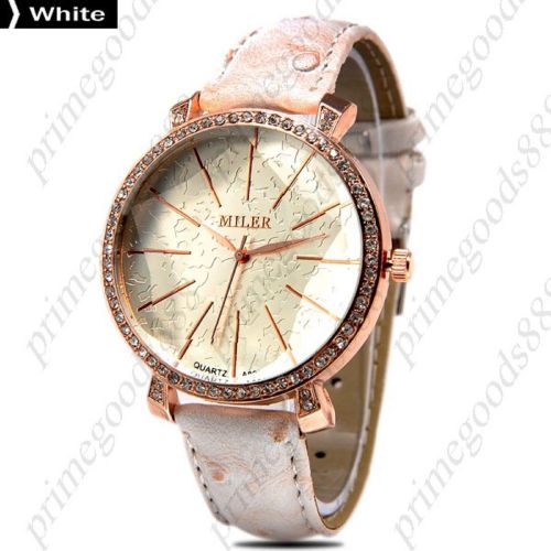 Round Rhinestones PU Leather Quartz Wrist Lady Ladies Wristwatch Women&#039;s White
