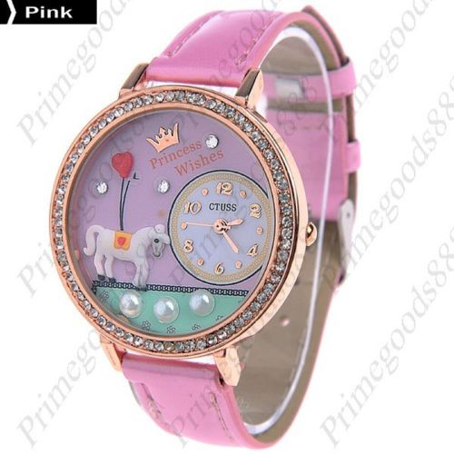 3D Horse Pony Princess Quartz PU Leather Lady Ladies Wristwatch Women&#039;s Pink