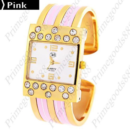 Gold Golden Square Bracelet Bangle Lady Ladies Quartz Wristwatch Women&#039;s Pink