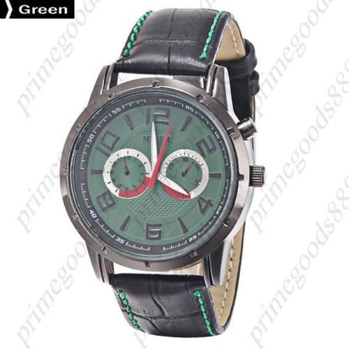 Genuine leather band false sub dials quartz analog men&#039;s wristwatch black green for sale