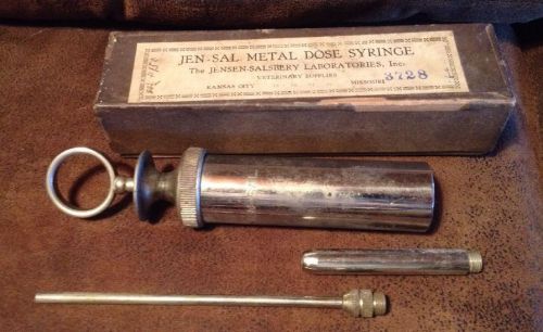 Vintage Jen-Sal Metal Dose Syringe in the Box Veterinary Supply Jensen-Salsbery