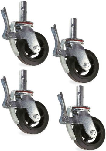 Set of 4  Scaffold Casters with 8&#034; x 2&#034; Black Rubber Mold-on Steel Wheel &amp; Brake