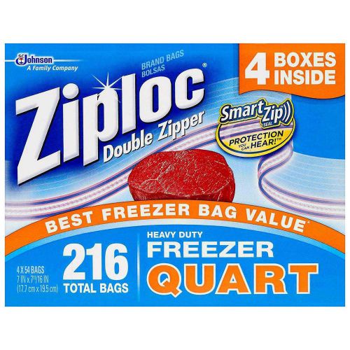 New ! 216PK  Ziploc Double Zipper Quart Freezer Bags 916205