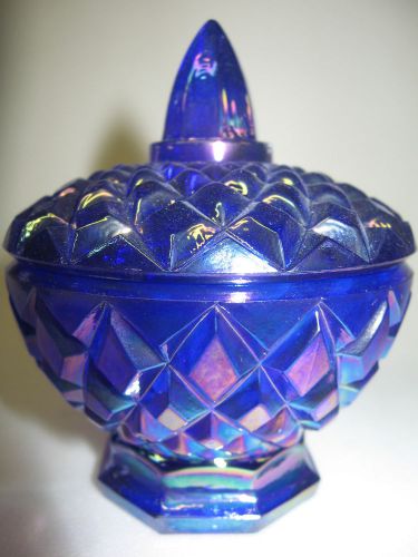 Cobalt blue carnival glass diamond pattern Candy dish sugar bowl boyd iridescent