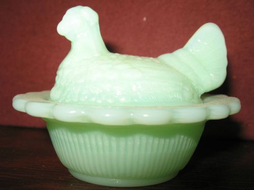 Jadeite green glass salt celt hen chicken on nest basket dish rooster jadite art