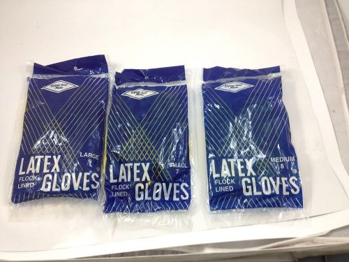 3 Packages Flock Lined Latex Gloves ~ Yellow Dishwashing Type ~ Sizes S, M, L