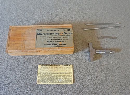 Vintage MILLERS FALLS NO 31 MICROMETER DEPTH GAUGE 0-3 Inches Original Wood Box